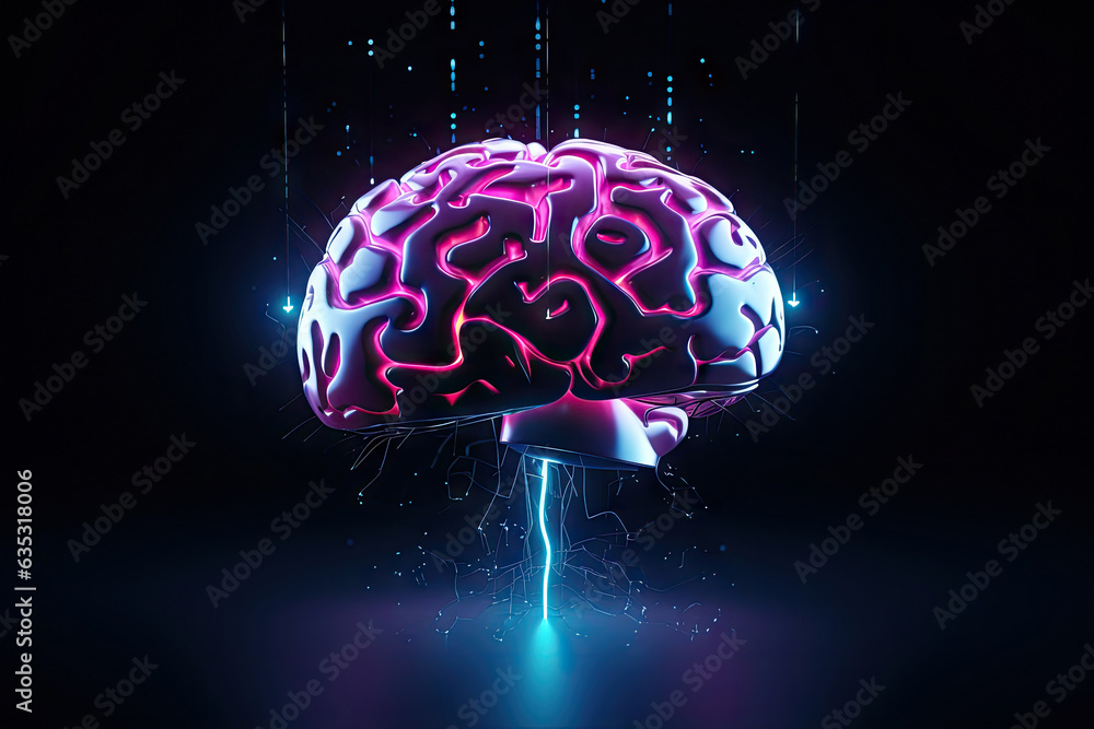 Poster digital ai electronic brain made from metallic with neon light, neural data storage machine, artific