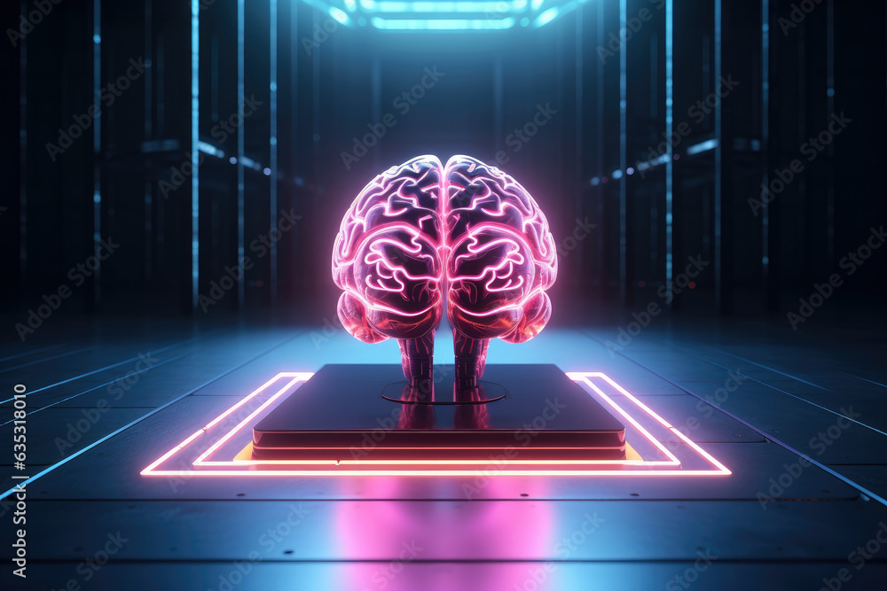 Poster digital ai electronic brain made from metallic with neon light, neural data storage machine, artific