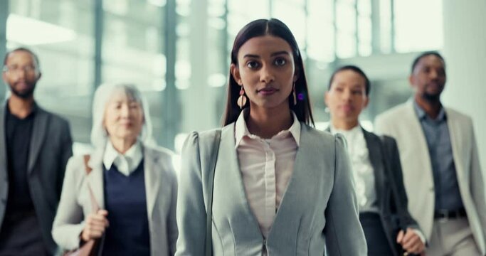 Business people, walking and team with diversity, mission and collaboration with mindset of future growth and progress. Teamwork, motivation and goals with a serious woman employee in office group