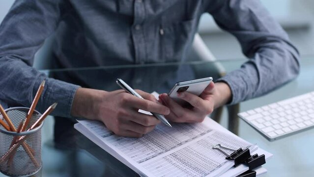 Business Man Ceo Wearing Sitting In Office Using Cell Phone Solutions.