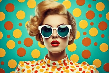 Fototapeta na wymiar Retro vintage pop-art woman in sunglasses. Creative 1940s background wallpaper