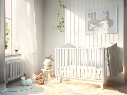 baby crib and white empty picture frames, sunlight falls on the wall, 3d rendering, scandinavian style interior