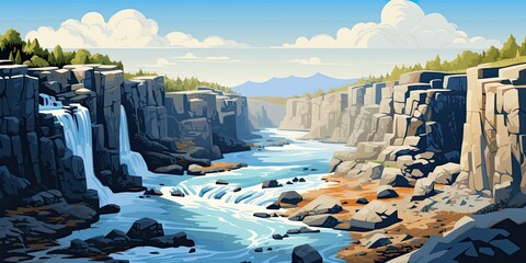 illustration of great waterfalls, 2D cartoon, generative AI