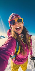 Generative AI : Happy young woman taking a selfie outdoor  Female hiker smiling at the camera on the top of the mountain