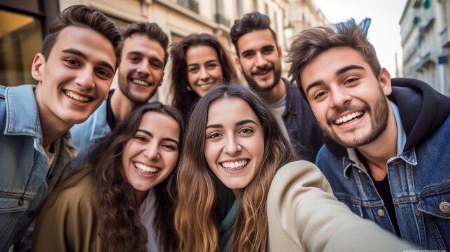 Generative AI : Group of young friends taking a selfie in the city  Happy millennials sharing content on social media  People technology and lifestyle