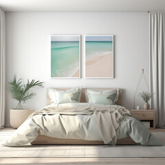 mockup, blank poster canvas, in bedroom, soft white for wall. accents of light beiger and seafoam green, beach shades. AI Generated Images