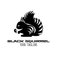 Black and white minimalistic squirrel with one acorn. Logo with text on white background