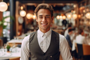 Generative AI : Handsome barman smiling at camera  people restaurants concept