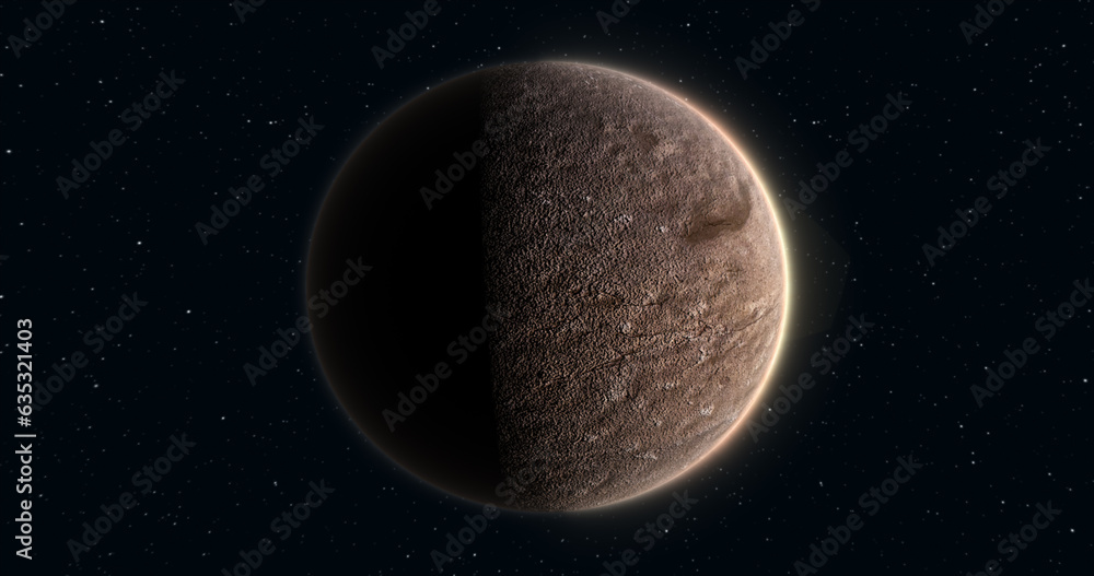 Poster abstract realistic space planet round sphere with a stone relief surface in space against the backgr