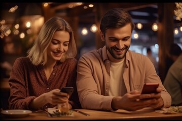 Generative AI : Milenial couple using mobile smart phones at restaurant  Young people watching updates on social media networks