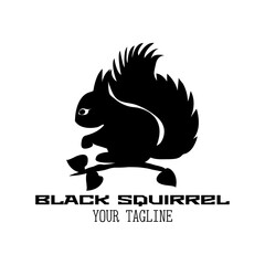 Black squirrel with acorn on a branch. Logo with text on white background