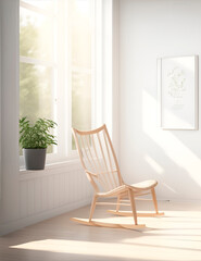 interior with one rocking chair and white empty picture frames, sunlight falls on the wall, wooden slats wall, 3d rendering, scandinavian style interior