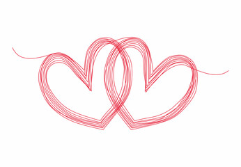 Two linked red heart, continuous one line drawing. Two  heart connected. Hand drawn, simple and minimalist illustration of love.