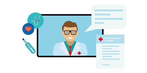 Professional doctor giving advice on a video call and medical equipment: healthcare and online doctor concept