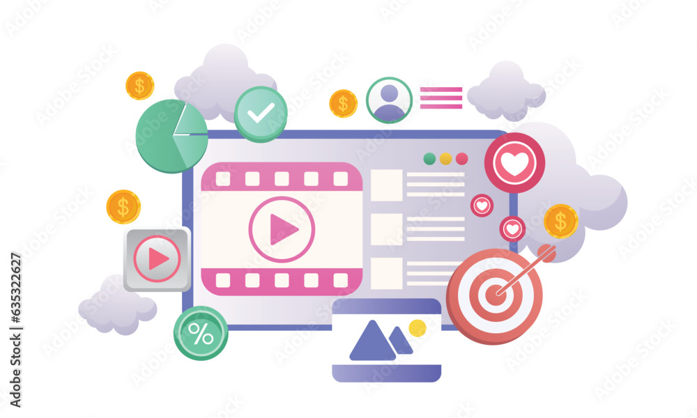 Poster digital screen, video player, gallery, development, seo analysis concept with floating elements, dev
