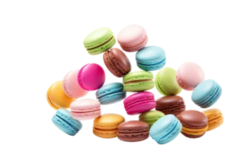 Foto op Plexiglas Various colorful of macarons floating on the air isolated on clean png background, Desserts sweet cake concept, with Generative Ai. © TANATPON