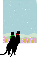 窓の外を眺める黒猫　星降る夜　冬の始まり