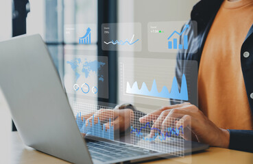 Business finance data analytics graph chart report, Man using laptop with aspects business analytics online, KPI sale report, financial management technology.