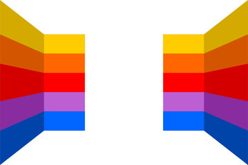 Vector infographic striped line wall with backdrop and template in perspective style isolated on white background, Two yellow and orange and red and purple and blue banners flank blank space