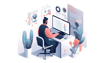 Man working from home. Businessman sitting at desk and using laptop, Flat illustration, Generative artificial intelligence tools