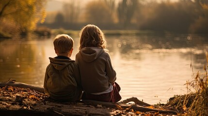 Autumn Serenity, Siblings Sitting by the River, Embracing Nature's Beauty - Powered by Adobe