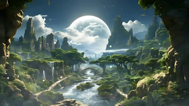 Fantasy dream landscape night at the forest with sparkling lake, big moon and milkway star trail. Anime cartoon style painting 4k animation