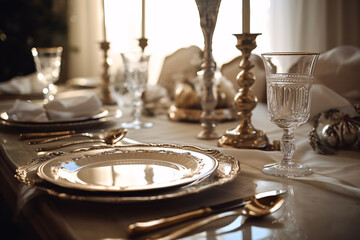 Romantic dinner place setting with plates and cutlery on table.