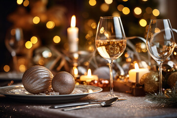 Elegant table setting with candles in restaurant. Selective focus. Christmas theme.