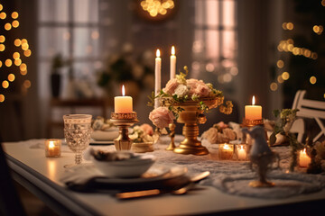 Elegant table setting with beautyful flowers, candles and wine glasses in restaurant. Selective focus. 