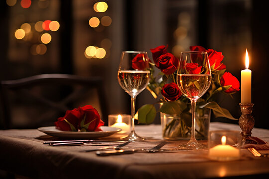 Elegant table setting with beautyful flowers, candles and wine glasses in restaurant. Selective focus. 