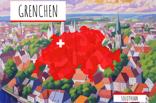 Grenchen on a Swiss map with a scene in Switzerland