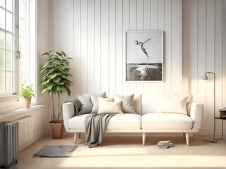 interior with one sofa and white empty picture frames, sun light falls on the wall, wooden slats wall, 3d rendering, scandinavian style interior