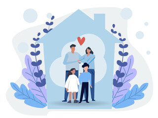 Happy family home insurance service illustration concept perfect for web design, banner, mobile app, landing page, flat design vector.