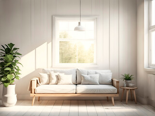 interior with one sofa and white empty picture frames, sun light falls on the wall, wooden slats wall, 3d rendering, scandinavian style interior