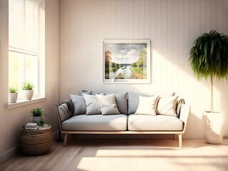 interior with one sofa and white empty picture frames, sun light falls on the wall, wooden slats wall, 3d rendering, scandinavian style interior