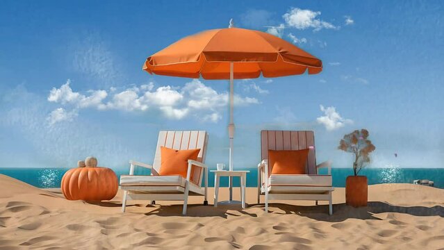 beach chairs and umbrella on the beach summer seamless animation. 4k resolution