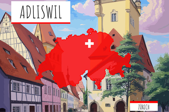 Adliswil on a Swiss map with a scene in Switzerland
