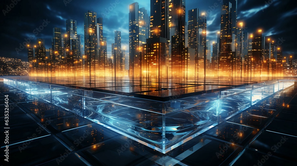 Poster the concept of a futuristic high-tech big smart city with computer technology microchips and microch