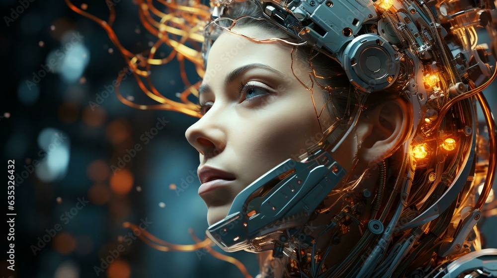 Poster connection of human woman and artificial intelligence robot. the concept of merging a person and a c