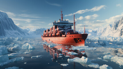 A large icebreaker ship sails across the sea to the ocean and breaks the ice in the winter in the north delivers cargo. AI generated - obrazy, fototapety, plakaty