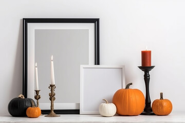 Print frame autumn mockup on shelf in living room