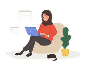 Female entrepreneur. Successful arab woman sits with laptop and solves work issues. Modern office worker or business expert. Vector illustration in flat cartoon style.