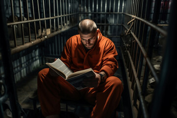Fototapeta na wymiar A prisoner or criminal is reading a book in a prison cell while sitting on a bunk. Reeducation of a criminal. Education in prison.