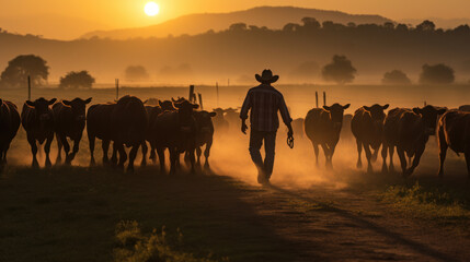 Cowboy herding cattle during sunrise on a farm