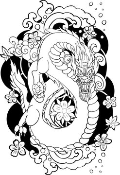hand drawn Dragon tattoo ,coloring book japanese style.Japanese old dragon for tattoo.Symbol of chinese dragon illustration on background for T-shirt. Traditional Asian tattoo the old dragon vector.

