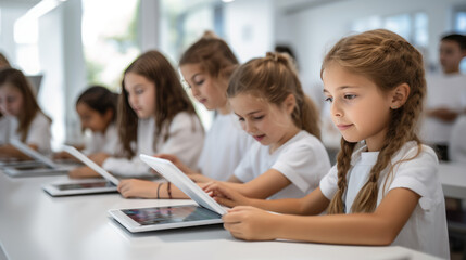 the children using education tablet in the classroom - obrazy, fototapety, plakaty