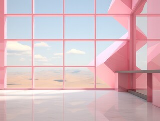 A mirror-like interior background with pink accents. View of the desert from the window.