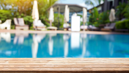 Empty table top and blurred swimming pool in tropical resort in summer for display or montage your products.
