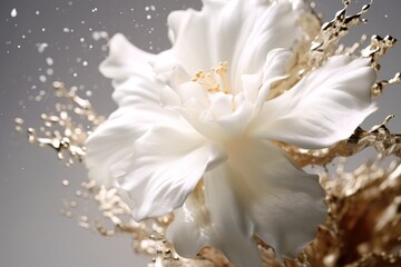 White flower with water splash on gray background. 3d illustration.