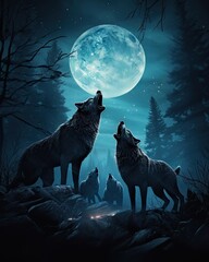 Wolves howl under the full moonlit sky.